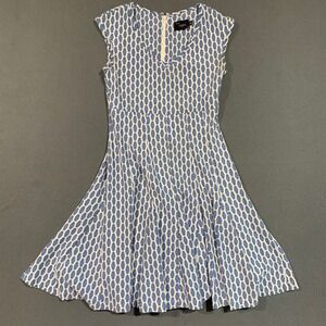 Just Taylor‎ Dress Womens 4 Blue White Geometric Print Fit Flare Textured